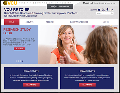 VCU RRTC on Employer Practices for Individuals with Disabilities website screenshot